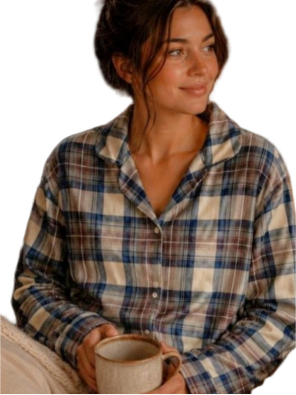 LL BEAN Women's Blue & Brown Scotch Plaid Flannel Pajama Top M Cozy Cottage